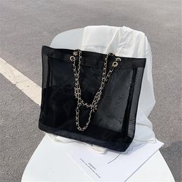 Classic white printing shopping mesh chain Bag with ribbon classic Beach Travel Bag Women Wash Bag Cosmetic Makeup Storage mesh Case