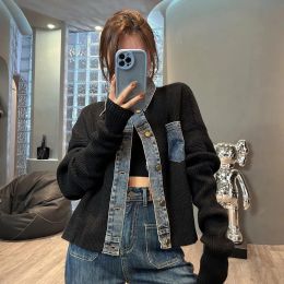 Cardigans Women Vintage Denim Patchwork Sweater Cardigan Korea Fashion Harajuku Short Knitted Jacket Single Breasted Long Sleeve Knitwear