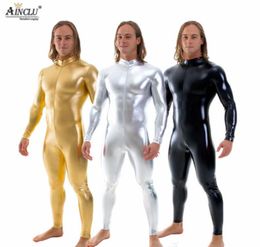 Ainclu Mens Black Shiny Catsuit Stretch Front Zipper Zentai Jumpsuit Muscle Leotards Mens Stage Performance Costumes Bodysuits9537801