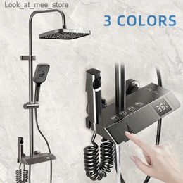 Bathroom Sink Faucets Bathroom Shower Faucet Set with 4 Functions Digital Display Shower Thermostat Grey Black High Voltage Discharge Copper Faucet Q240301