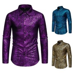 Mens Leopard Stamped Shirt Stagewear Banquet Fashion Long Sleeve Nightclub Party Tops 240223