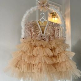 Girls sequins beaded V-neck princess dresses Ball Gown Children's Piano show Performance clothes kids tiered lace gauze cake dress Z6922