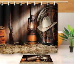 Western Shower Curtain Rustic Barn Wooden Farmhouse West Cowboy Waterproof Fabric Bath Curtains Bathroom Decor Set with Hooks14413333