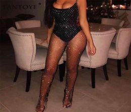 Fantoye Crystal Diamond Mesh Women Sexy Summer Hollow Out Transparent Loose Long Fishnet Pants Beachwear Trousers Q1905161288435