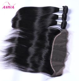8A Brazilian Straight Virgin Hair Weaves 3 Bundles With Ear to Ear Lace Frontal Closures Peruvian Indian Malaysian Cambodian Remy 3132477