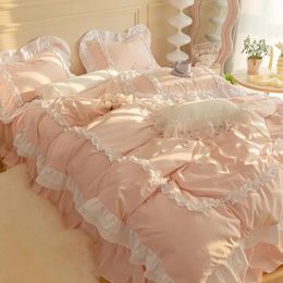 INS Korean Princess Bedding Kawaii Ruffle Lace Bed Skirt Duvet Cover Solid Colour Queen Size For Girls Woman Home Textiles 240226