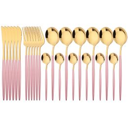 Frame 24pcs Pink Gold Dinnerware Set Stainless Steel Cutlery Set Knives Forks Tea Spoons Dinner Set Kitchen Tableware Sierware Set