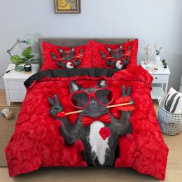 Set Bulldog Dog Roses Bedding Set Boys Girls Twin Queen Size Duvet Cover Pillowcase Bed Kids Adult Sheer Curtains