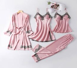 Women Ice Silk 4 Pcs Pajamas Set Cami Top Long Pants Nightgown Robe Embroidery Lace Trim Sexy Sleepwear with Chest Pads5673025