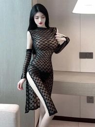 Casual Dresses Fashion Elegant Charm Mature Hollow Out Gentle Hhollow Dress Sexy Mesh High Split Lace Sleeve S129