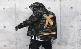 Camouflage Jacket Men High Street Ribbon Patchwork Cotton X Print Bomber Coat Autumn Harajuku Pilot Flight Coats2354330