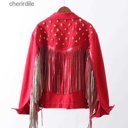 Women's Jackets Jackets Autumn Red Denim Women Star Rivet Suede Fringe Single-breasted Long Sleeve Female Outerwear Ropa Z544 240301