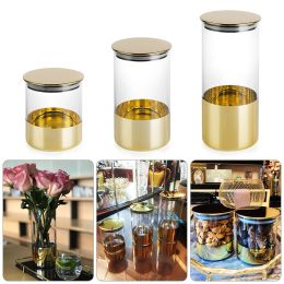 Tools Golden Storage Sealed Glass Jar With Cover Coffee Bean Food Fruit Tank Metal Container Kitchen Grain Storage Jar