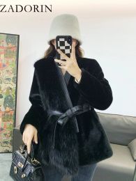 Fur ZADORIN Luxury Designer Clothing Women Winter Faux Mink Fur Coat With Belt Elegant Furry Faux Fur Jacket For Women Fur Cardigan