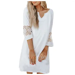 Casual Dresses V Neck White Dress For Women Sleeve Stitching Lace With Pearls Summer Beach Sundress Elegant Short Robe
