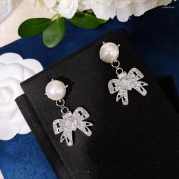 Stud Earrings Pure 925 Sterling Silver Sweet Bow Women's Pearl Luxury Jewellery Accessories Wedding Anniversary Party