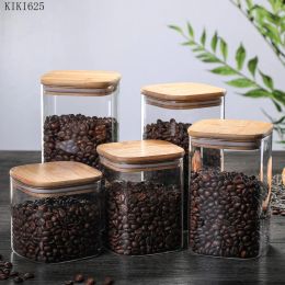 Tools European Transparent Glass Food Storage Jar with Wooden Lid Square Tea Canister Household Coffee Bean Candy Sealed Storage Jar