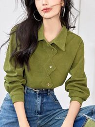 Women's Blouses Irregular Blouse Women Spring Autumn 2024 Fashion Turn-down Collar Long Sleeve Button Up Shirt Single Breasted Green Tops