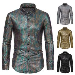 Spring Mens Snakeskin Pattern Stamping Shirt Stage Costume Banquet Long Sleeve Shiny Party 240223