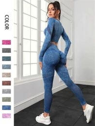 Seamless Washed Yoga Sets Sports Fitness Peach Hiplifting High Waist Pants Longsleeved Suit Workout Gym Leggings Set for Women 240226