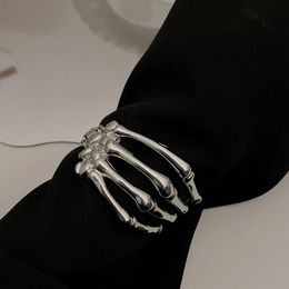 SRCOI Punk Exaggerated Silver Colour Skeleton Hand Cuff Bracelet Gothic Edgy Bone Hand Claw Armlet Bracelet Bangle Arm Ring 240228