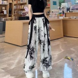 Capris 2024 Streetwear Summer Women Chiffon Wideleg Pants Printing Streamer Bowknot Casual Pants Ladies Soft Elegant Straight Trousers