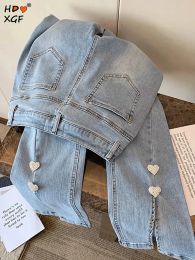 Jeans Korean Fashion Chic Love Button Split Jeans Women New Summer Girl Baggy Pants High Waist Straight Slim Flared Denim Bottom Pants