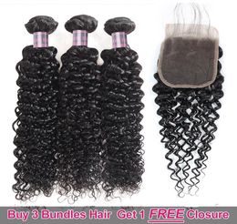 Ishow 3 Human Hair Bundles with a Closure Brazilian Kinky Curly Peruvian Human Hair for Women Girls Jet Black 828inch6651786