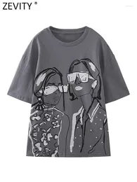 Women's T Shirts Zevity Women Fashion Wash Effect Print Grey Colour Casual Shirt Female O Neck Short Sleeve Beading Chic Tops