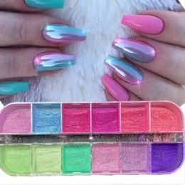 12 GridsBox Nail Glitter Colorful Mirror Effect Shimmer Mermaid Pearl Powder Chrome Pigment Dust Fine Polish Decor 240229