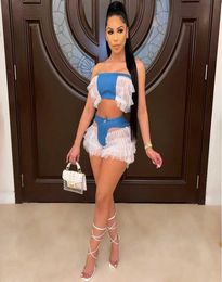 Denim Sexy Mesh Two Piece Set Festival Clothing Women Club Outfits Ruffle Crop Top 2 Piece Shorts Set Women Matching Sets 2021 X063403940