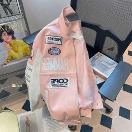 Men's Jackets Gmiixder Motorcycle Leather Jacket Unisex High Street Hiphop Pink Bomber Jacket American Vibe Workwear Letter Baseball Uniform 258