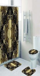 Shower Curtains 3D Luxury Black Gold Greek Key Meander Baroque Bathroom Curtain Set For Modern Geometric Bath Rug Decor2546448