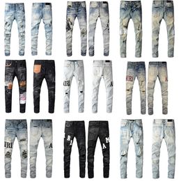 Designer Amirs Jeans da uomo jeans viola High Street Hole Star Patch Pantaloni da donna con pannello ricamato stella Amirs da donna pantaloni slim fit elasticizzati taglia 28-40