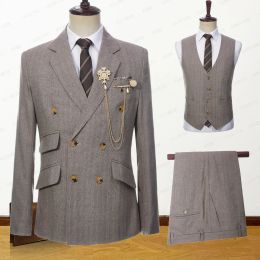 Suits 2023 Latest Summer Men Double Breasted Khaki Linen Suits Vetical Stripe Slim Fit Tuxedos For Wedding 3 Pcs Set Jacket Vest Pants