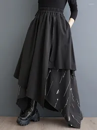 Skirts 2024 Autumn Winter Black Vintage Print Irregular High Waist Skirt Women Spliced Loose Casual Long Fashion Clothing