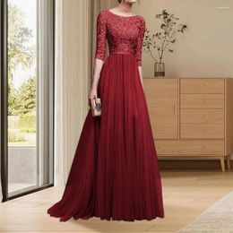 Casual Dresses Women Prom Party Dress Lace Flower Embroidery Half Sleeve Tight Waist Floor Length Lady Fall Winter Maxi Evening