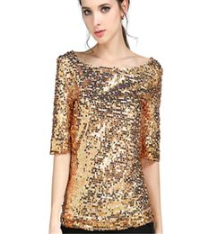 Women Summer Fashion Sexy Sequined Embroidered Shirts Half Sleeve Lady Tops Loose Casual Shirt Gold Blusas Plus Size 5XL6819994