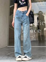 Women's Jeans Aoaiiys High Waisted Blue For Women Denim Pants Y2k Wide Leg Trousers Full Length Korean Chic Straight