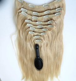 320g 9pcs1set Clip in Hair Extensions 20 22inch 60Platinum Blonde Brazilian Indian Remy human hair extension1478895
