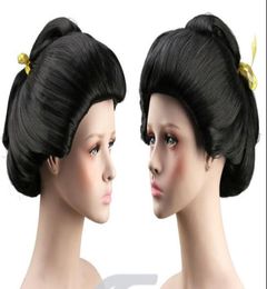gtgtgtNew Fashion Cosplay women039s Black Geisha Wig Full Wigs Plate Hair Anime Wig5516742