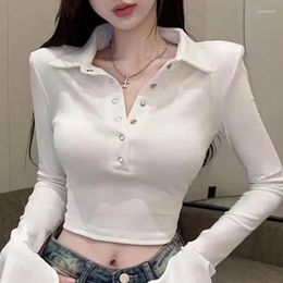 Women's T Shirts Turn-down Collar Ladies Tops Autumn Winter Temperament Clothing Solid Colour Pullovers Fashion Interior Lapping T-Shirts