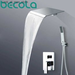 Bathroom Sink Faucets Becola Polished Chrome Luxury Wall Mounted Rain Waterfall Shower Faucet Set With Hand Shower Single Handle BR-PB-100 Q240301