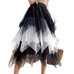 Skirts Women Elegant Gradient Color Skirt Colorful Mesh Multi-layered Midi With High Elastic Waist For Irregular Soft