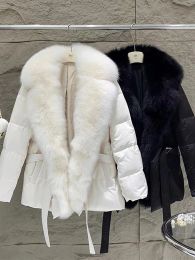 Coats Janveny Luxury Natural Fox Fur Collar 2023 White Goose Down Jacket Women Winter Female Warm Parkas Slim Coat With Belt Outwear