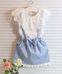 Girl Lace bowknot braces denims dress suits Summer Chiffon Lace cotton Sleeveless Tshirt Short skirt dress suit baby clothes whol7350126