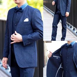 High End 3 Pieces Men Suits Tuxedo Denim Peaked Lapel Custom Size Formal Suit Single Breasted 2 Pockets Coat+Vent+Pant