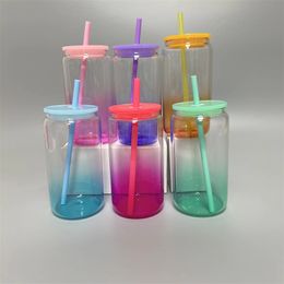 16oz Transparent Sublimation Blanks Gradient Glasss Cup Ombre Jelly Iced Juice Beer Glasses Can Tumbler Coffee Mug With Colourful Lids & Straws For UV DTF Wraps