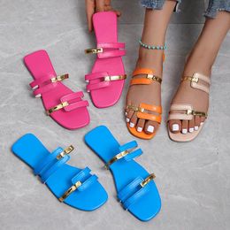 Slippers Korean Patchwork PU Women 2024 Summer Sexy Square Toe Beige Flat Sandals Ladies Casual Outdoor Beach Shoes Large Sizes