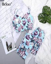 Bclout Spring Purple Rose Two Piece Set Women Sexy Top And Pants Pajamas Pattern Print Satin VNeck Sleeveless Pyjamas Sleepwear 21642558